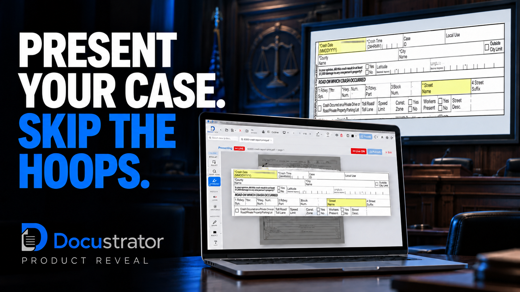Docustrator product reveal thumbnail: the headline Present your case. Skip the hoops. beside the Docustrator logo, over a dark courtroom with a laptop running Docustrator and a wall monitor showing the same exhibit