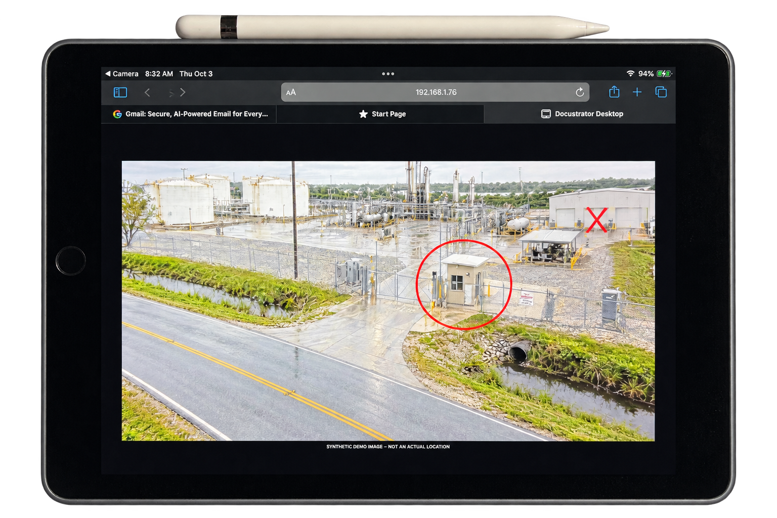 Edited photo of WitnessLink on a landscape iPad with an Apple Pencil attached along its top edge, showing an annotated demo exhibit