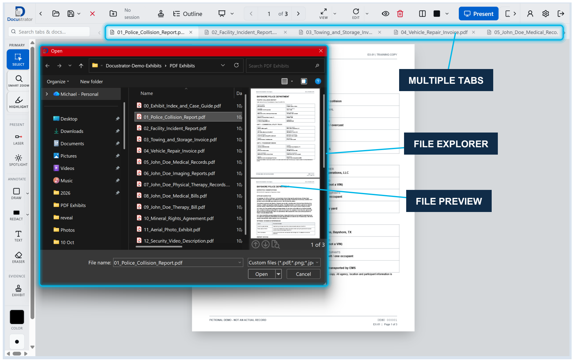 Docustrator control workspace with several exhibit tabs open at once, labeled MULTIPLE TABS, FILE EXPLORER and FILE PREVIEW