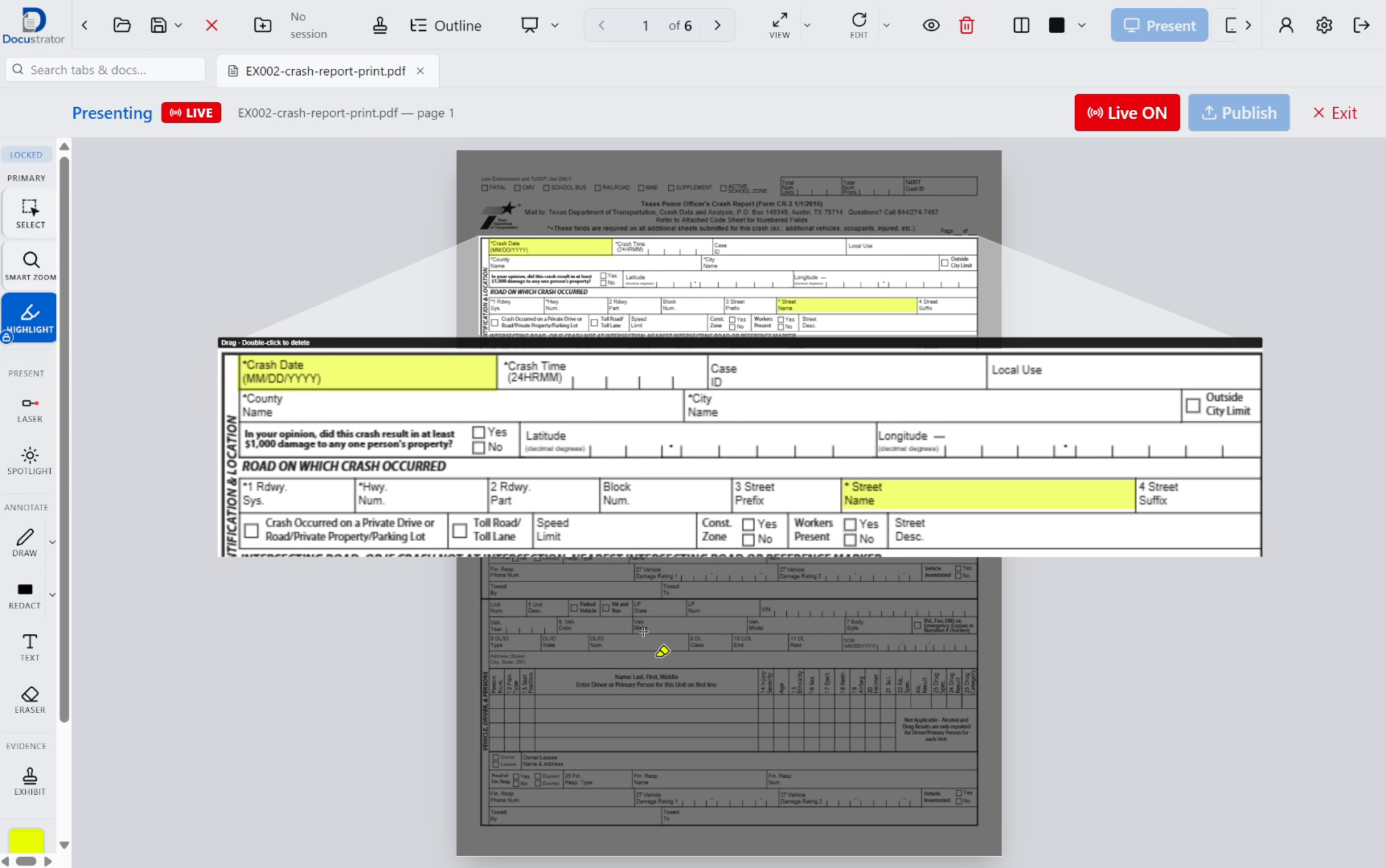Docustrator control view with Smart Zoom enlarging part of a crash report and yellow highlights, alongside the tool panel and Live ON controls