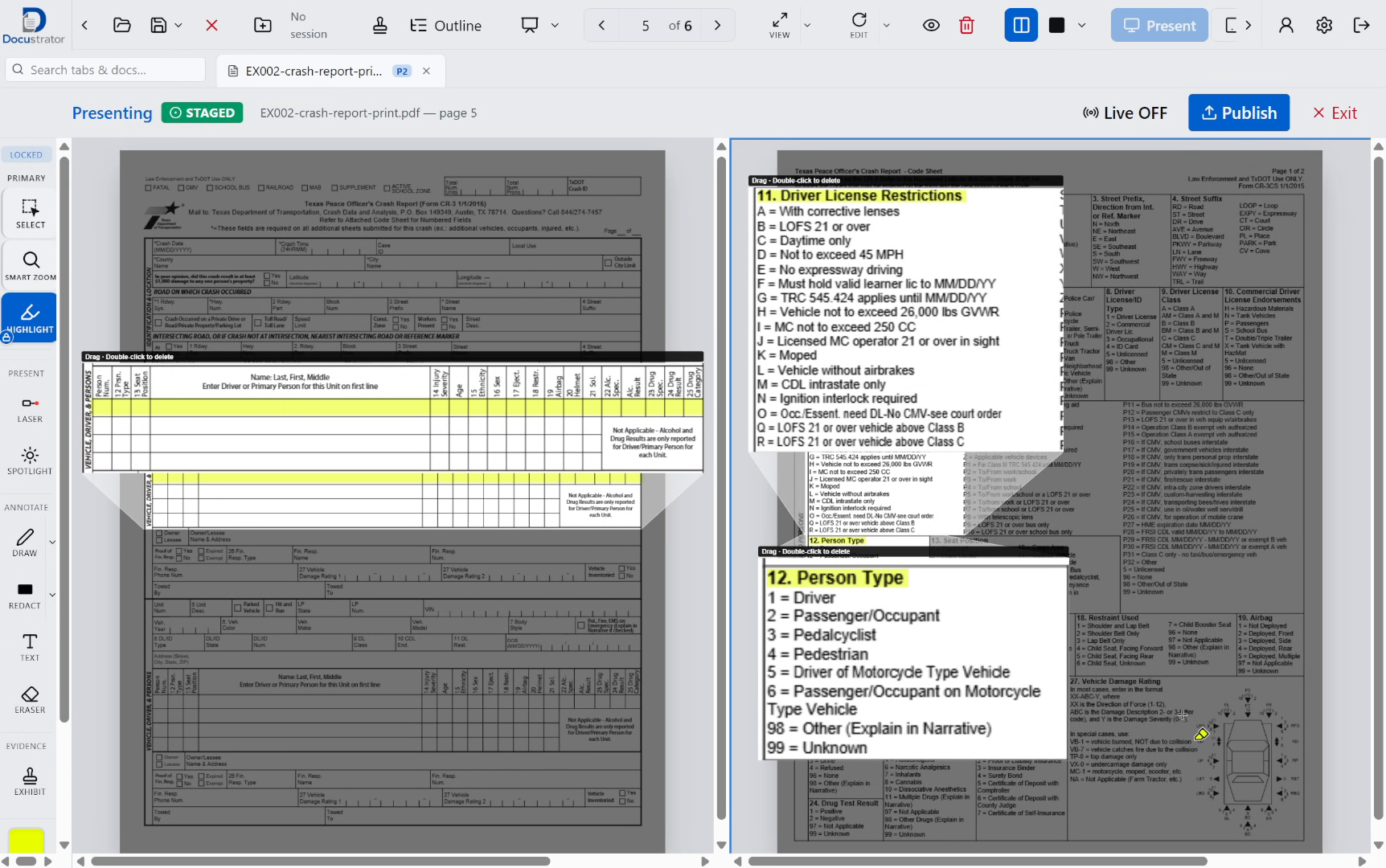 Docustrator compare mode with two crash report pages side by side, Smart Zoom callouts staged while Live OFF