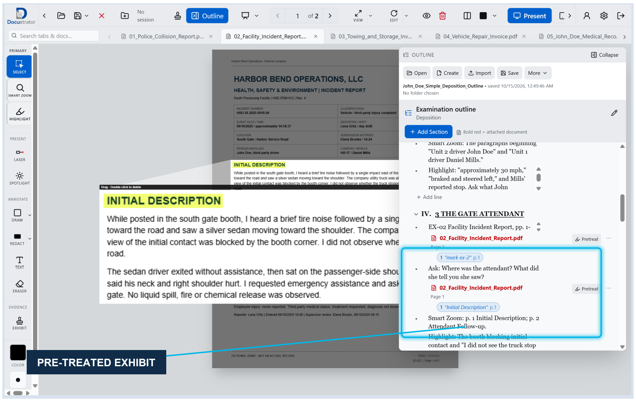 Docustrator outline workspace with an examination outline and attached exhibits, labeled PRE-TREATED EXHIBIT