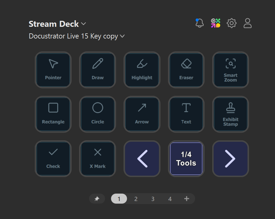 SD1: actual Docustrator Stream Deck Tools software editor screenshot, page 1 of 4, with the original 5 by 3 button layout and editor header